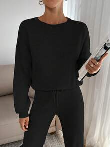 EURMUSE 女士柔软触感毛衣和毛衣裤两件套服装搭配酷 - 黑色 - 查看 7