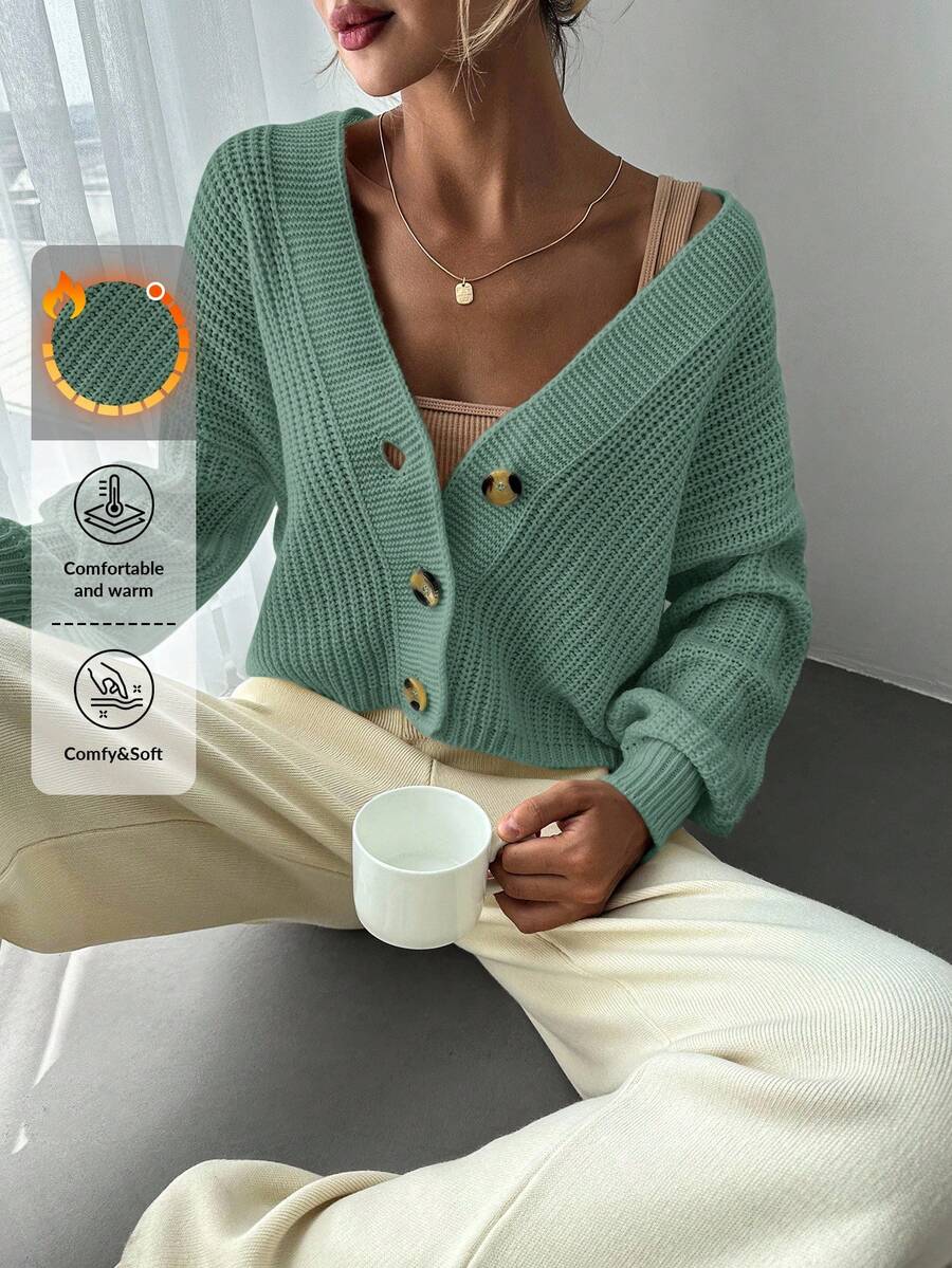 EURMUSE Drop Shoulder Button Up Cardigan - Olive Green - View 1