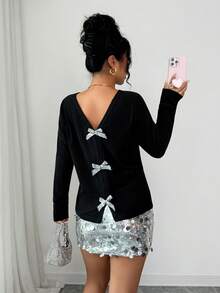 Elenzga Women's Autumn Fashionable Sequin Bow Decor T-Shirt - Black - View 5