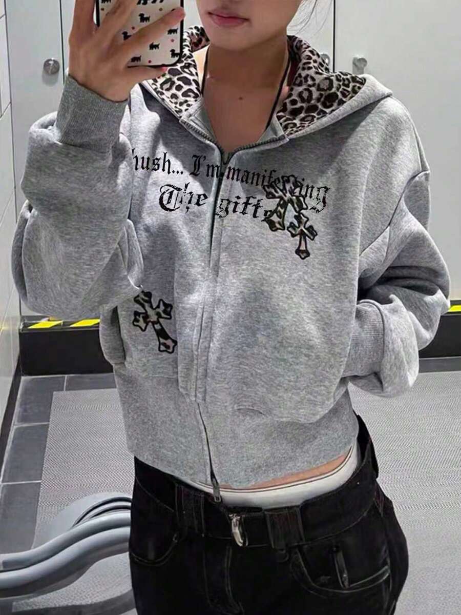 INAWLY 女士宽松豹纹短款卫衣，长袖 - 灰色 - 查看 1