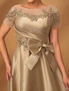 Serin Đầm ngắn tay dáng chữ A sang trọng, lãng mạn, phối lưới, satin, xếp ly, đính hạt cườm, có nơ, thích hợp cho tiệc tối, hẹn hò, du lịch, dạ hội, đám cưới, váy cho mẹ cô dâu, ngày Valentine. - Màu be - Xem 3