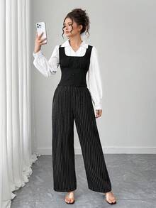 Bộ 2 chiếc áo sơ mi sọc đen trắng cho bé gái tuổi teen có thiết kế cổ polo tay dài + quần ống đứng cạp cao sọc đen thường ngày, phù hợp mặc hàng ngày, đi làm, những dịp trang trọng, công sở - Đen và trắng - Xem 5