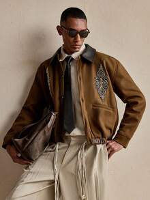 AKNOTIC Business Casual 男士时尚通勤长袖夹克，皮革领口和贴布设计，秋季、圣诞节、新年魅力之选 - 黃色 - 查看 4