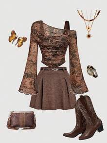 SHEIN MOD 女士不对称肩部花卉印花网眼T恤 - 彩色 - 查看 2