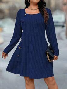 Plus Size Solid Color Ribbed Casual Long Sleeve Dress - Blue - View 4