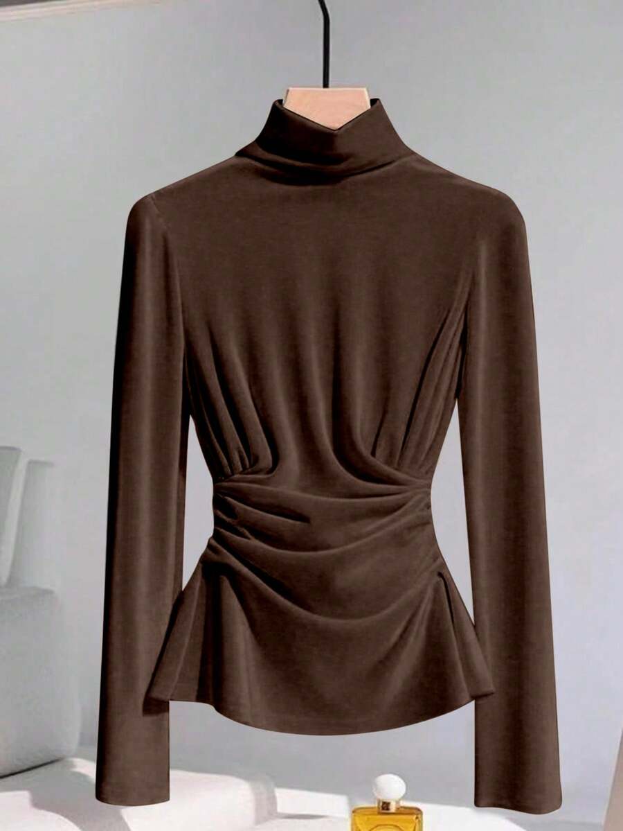 GlowEve 女式高领长袖褶皱腰修身休闲针织 T 恤，优雅时尚，春夏