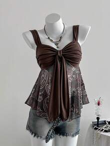 SHEIN Unity Casual French Style Mesh Floral Print Slit Hem Ruched Sexy Tie-Up Design Sleeveless Top, Summer Beach Vacation - Coffee Brown - View 3