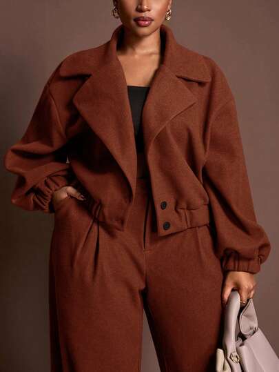 Veslaya 春秋新款优雅通勤派对约会纯色棕色宽松长袖大码翻领短款西装外套 - A