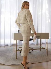 Cioccolato Elegant Plaid Short Jacket And Mini Skirt 2pcs Set, Autumn Fall Cloth For Women - White - View 2