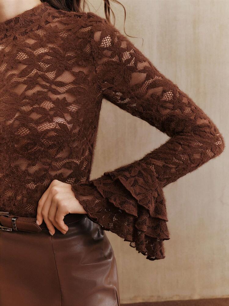 Women's Elegant High Collar Semi-Sheer Lace Flare Sleeve Ruffle Hem Blouse, Brown, Autumn/Winter