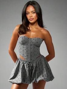 MISSGUIDED Strapless Pinstripe Polka Dot Bubble Hem Shorts With Drawstring Tie Summer Festival Casual Wear - Dark Grey - View 4