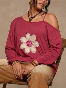 SHEIN VCAY Plus Size Floral Applique Asymmetric Collar Casual Long Sleeve T-Shirt - Dusty Pink - View 3