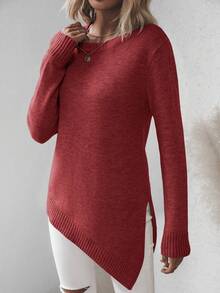 EMERY ROSE Women's Solid Color Round Neck Asymmetric Hem Long Sleeve Sweater, Autumn/Winter - Burgundy - View 5