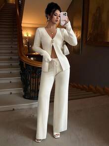 Siren Gaze Bộ 2 áo len cardigan dáng rộng thoải mái và quần cạp chun, Thu/Đông, Thường ngày, Tay dài, Nút kim loại - Màu be - Xem 4