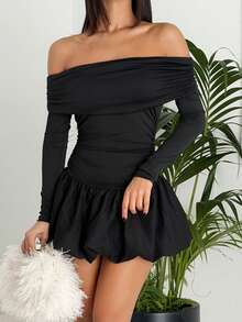 Ronhire Women's Solid One-Shoulder Long Sleeve Ruffle Hem Mini Dress For Spring & Autumn ,Petite Women - Black - View 4