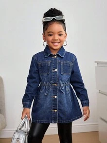 SHEIN 少女海军蓝牛仔翻领长袖长夹克 - 深色水洗藍 - 查看 5