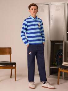 PrepCrw 2pcs Tween Girls Elegant College Style Urban Dog Graphic Colorful Striped Long Sleeve Polo Shirt And Navy Blue Pants Set, Suitable For Outings, Gatherings, Back To School, Autumn And Winter Toddler Boy Outfit Boys Blue Striped Shirt Boys Navy Pants Boys Cruise Outfit Boy Striped Polo Shirt Boy Stripe Outfit Blue Boys Outfit Boys Polo Shirt Outfit Kids Navy Pants  Backtoschool,Fall,Old Money - Multicolor - View 6