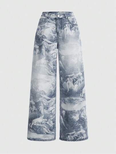 Grunge Punk Women's Casual Fashion Street Vintage Renaissance Plaster Full Print Loose Wide-Leg Jeans