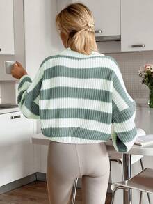 EURMUSE Women Stripe Pattern Rib Knit Chunky Sweater - Mint Green - View 2