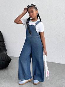 SHEIN 青少年女孩时尚 Y2k 柔软可爱蝴蝶结宽松海军蓝牛仔裤工装裤，适合青少年女孩服装、女孩服装日常服装、四季服装、女孩街头服装和返校服装 - 中等水洗藍 - 查看 3