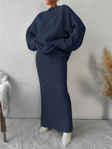 EURMUSE Women's Knitted Sweater 2pcs/set Without Belt - Blue - View 6