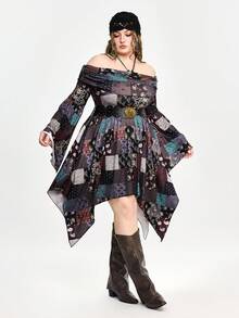 ROMWE Fairycore Vestido plus size Fairycore Mori Kei com bainha assimétrica, ombros à mostra, textura patchwork e estampa vintage; Vestido plus size Cottagecore Mori de manga comprida com decote halter e estampa patchwork.
