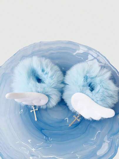 Kawaii 1 Fascia per capelli soffice di colore azzurro chiaro con ali d'angelo e pendente a croce, accessorio per capelli elastico in stile Y2K per donne