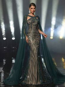 Glamrae Váy maxi đuôi cá đính ngọc trai và sequin thanh lịch, sang trọng, quyến rũ với tay áo bồng bềnh, phù hợp cho đám cưới, tiệc tùng, ngày lễ, dạ hội, sự kiện trang trọng (trang trí đậm) - Màu xanh lá cây đậm - Xem 6