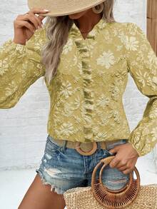 Elenzga Elegant Daily V-Neck Ruffle Puff Sleeve Textured Women Blouse - Yellow - View 3