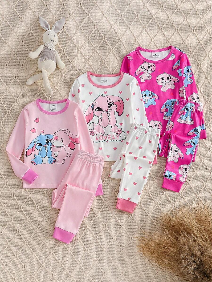 Bộ đồ ngủ 3 món cho bé gái, áo thun dài tay cổ tròn in hình thỏ dễ thương và quần dài, đồ ngủ - Nhiều màu - Xem 1