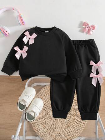 SHEIN 2pcs/Set Baby Girls Autumn/Winter New Fuchsia & Pink Casual Cute Bow Decor Long Sleeve Sweatshirt Top & Pants Set