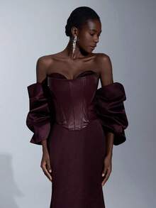 Elitara Thanh lịch, Lãng mạn, Gợi cảm, Tối giản, Nâu cà phê, Chất liệu da, Vải satin chắp vá, Trang trí xương cá, Tay áo rộng có thể tháo rời, Viền đuôi cá, Dài thướt tha, Hở lưng, Thời trang, Người có ảnh hưởng, Ngày lễ, Khu nghỉ dưỡng, Tiệc sinh nhật, Đám cưới, Đầm dạ hội trang trọng - Màu Đỏ Sâu - Xem 4