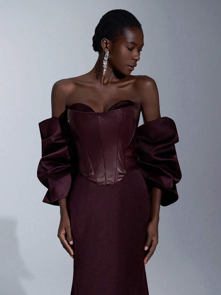 Elitara 优雅、浪漫、性感、极简、咖啡棕色、皮革材质、缎面拼布、鱼骨装饰、超大可拆卸袖子、鱼尾下摆、拖尾、露背、时尚、网红、节日、度假、生日派对、婚礼、正式晚礼服 - 酒紅色 - 查看 4