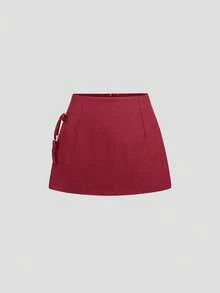 Sweetra Rok Mini Wanita Model A-Line Seksi dengan Pita dan Belahan Samping untuk Musim Semi/Panas - Merah - View 3