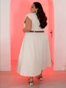 Pretty and Ole 大码女式纯色无袖优雅休闲连衣裙（配腰带） - 杏色 - 查看 2