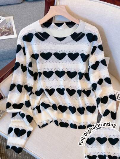 Franclia Camiseta de manga larga con estampado completo para mujer, de vuelta al colegio, adecuada para otoño e invierno, diseño de corazón para Halloween y Navidad 2026