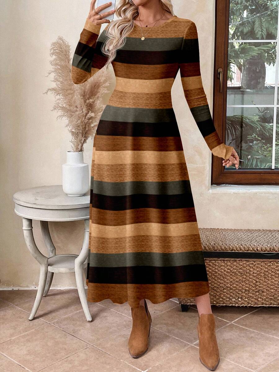 EMERY ROSE Gaun Wanita Kasual Bergaris Motif Blok Warna Leher Bulat Lengan Panjang Berpinggang, Cocok untuk Acara Musim Gugur/Musim Dingin - MultiWarna - View 1