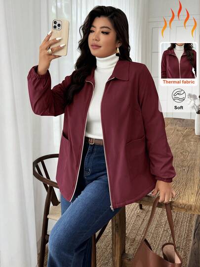 Weeklong 秋季大码女式纯色长袖拉链休闲羊毛夹克