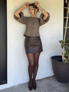 Andrea Bello Elegant Retro French Style Women's Romantic Date Luxury High-End Design Herringbone Round Neck Cropped Balloon Sleeve Cinched Waist Matel Button Blazer Jacket - Multicolor - View 3