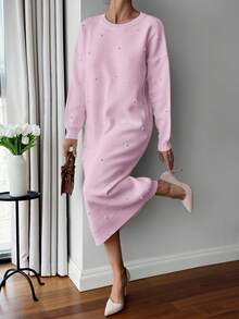 EURMUSE Women Solid Color Round Neck Pearl Detailed Long Sweater Dress - Baby Pink - View 7