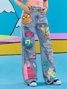Adventure Time X ROMWE 卡通图案破洞宽松喇叭牛仔裤 - 藍色 - 查看 6