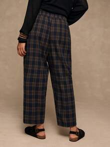 Freevana 大码女式休闲通勤学院风条纹印花系带腰宽松阔腿裤