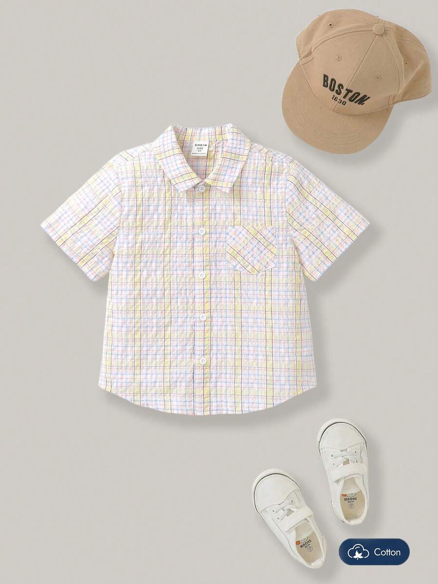 Joliand Joliand 1pc Young Boy's Elegant & Fashionable Urban Stylish Plaid Pattern Collar Shirt, Suitable For Parties, Outings, Picnics, Summer Young Boys Clothing 4t Young Boys Suit Set Young Boys 2 Pieces Young Boys Sets Youth Boy Tshirt Back To School  School  Clothes School Supplies - Multicolor - View 1