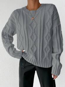 EURMUSE Cable Knit Drop Shoulder Sweater - Light Grey - View 4