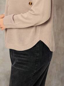 EMERY ROSE Plus Size Solid Color Button Decor Turtleneck Casual Versatile Long Sleeve Pullover Sweater - Khaki - View 3