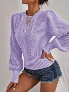 RueChic Twisted Knit Round Neck Lantern Sleeve Pullover Sweater - Mauve Purple - View 5