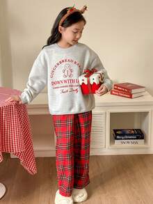 Genkimix Kids 2pcs/Set Tween Girl Christmas Gingerbread Man Print Fleece Sweatshirt And Red Plaid Pant, Winter Kid Outfit, Lounge Set - Grey - View 4
