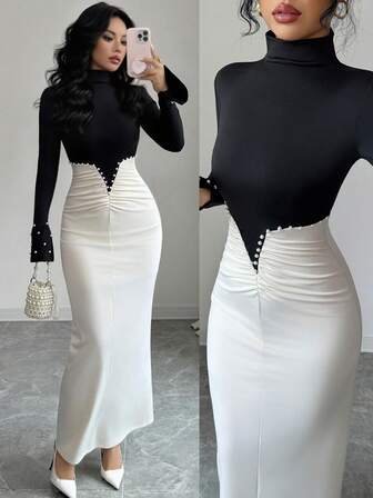 Rafferiza Elegant Bodycon Dress A/B-Block Dress High-Neck Dress Waist-Cinching Dress Beaded Waistline Dress Long-Sleeve Dress Slit-Cuff Dress Beaded Cuff-Embellished Dress Fall/Winter Elegant Women's Dress Winter Dress New Year Women's Clothes Elegant Dresses For Party Elegant Dresses For Party Holiday Dresses For Women Black Dress For Women