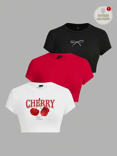 SHEIN EZwear 3pcs/Set Women's Round Neck Short Sleeve Tight-Fitting Cropped T-Shirt With Bowknot & Cherry Print, Suitable For Summer Suitable For Going Out