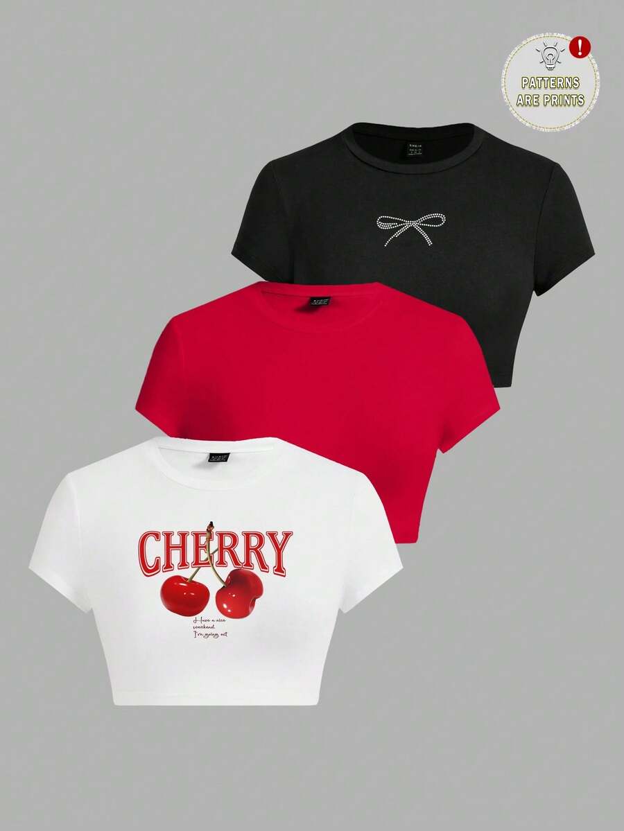 SHEIN EZwear 3pcs/Set Women's Round Neck Short Sleeve Tight-Fitting Cropped T-Shirt With Bowknot & Cherry Print, Suitable For Summer Suitable For Going Out